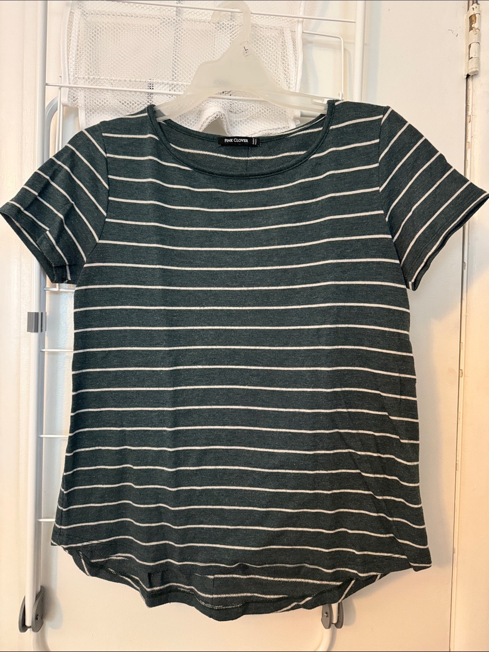 Pink Clover Dark Green & White Striped Short Sleeve Tee - Crew